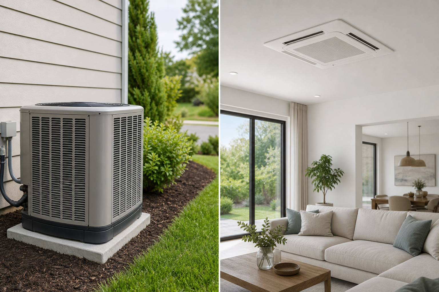 Side-by-side view of a central air conditioner outdoor condenser and a ductless mini-split wall unit in a modern home