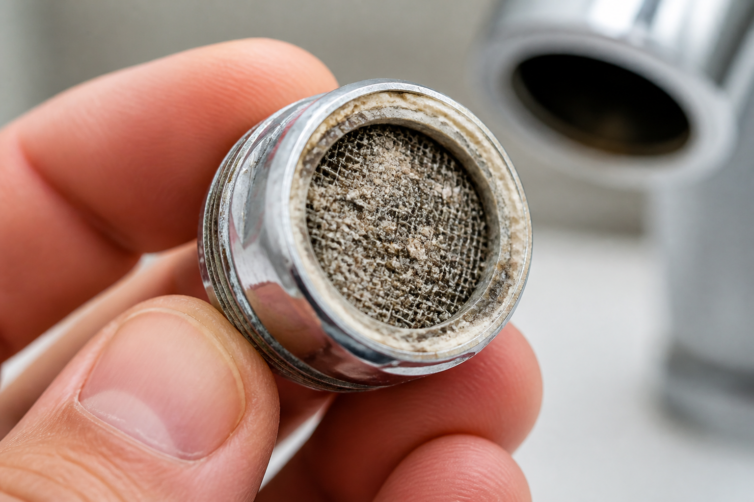 Clogged faucet aerator with mineral scale and sediment causing low water pressure at one faucet