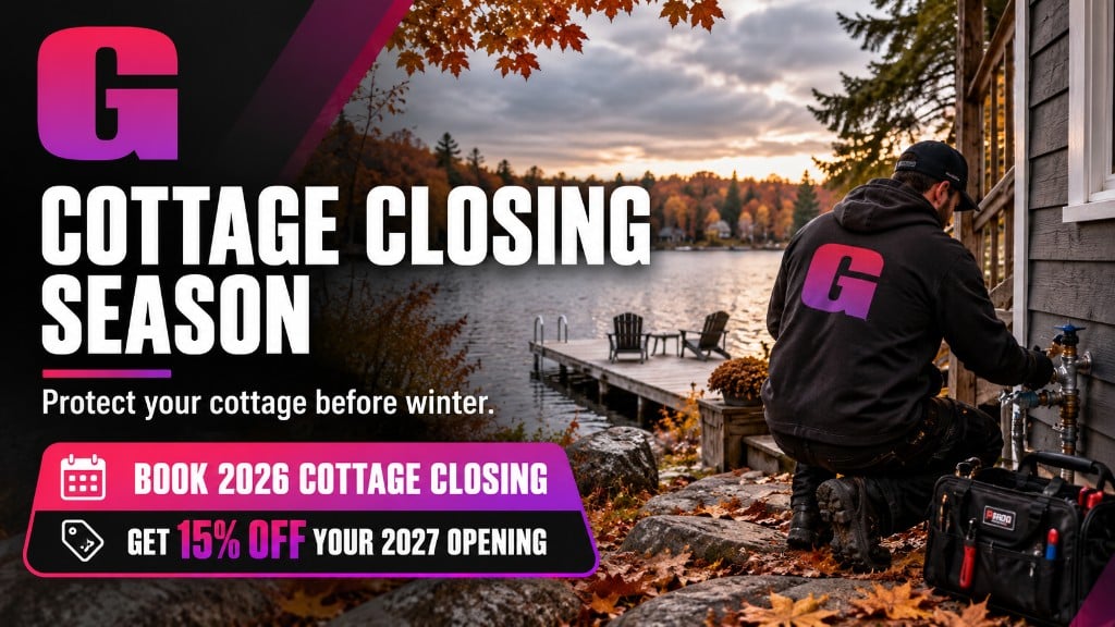 Cottage closing season Ontario — book 2026 cottage closing with Gravity and get 15% off 2027 opening
