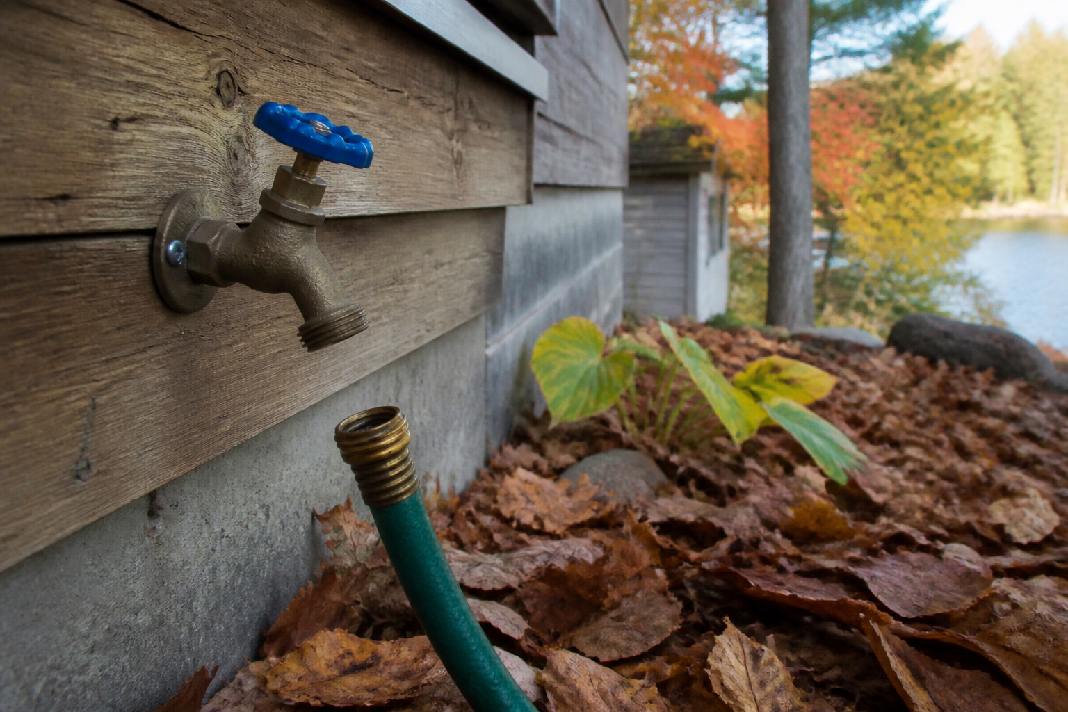 Outdoor cottage hose bib disconnected and winterized beside wooden cottage siding in Ontario autumn