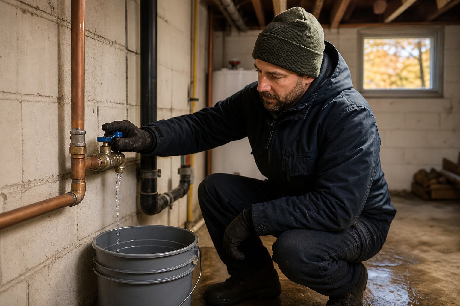 Plumber draining cottage water lines during Ontario cottage closing winterization