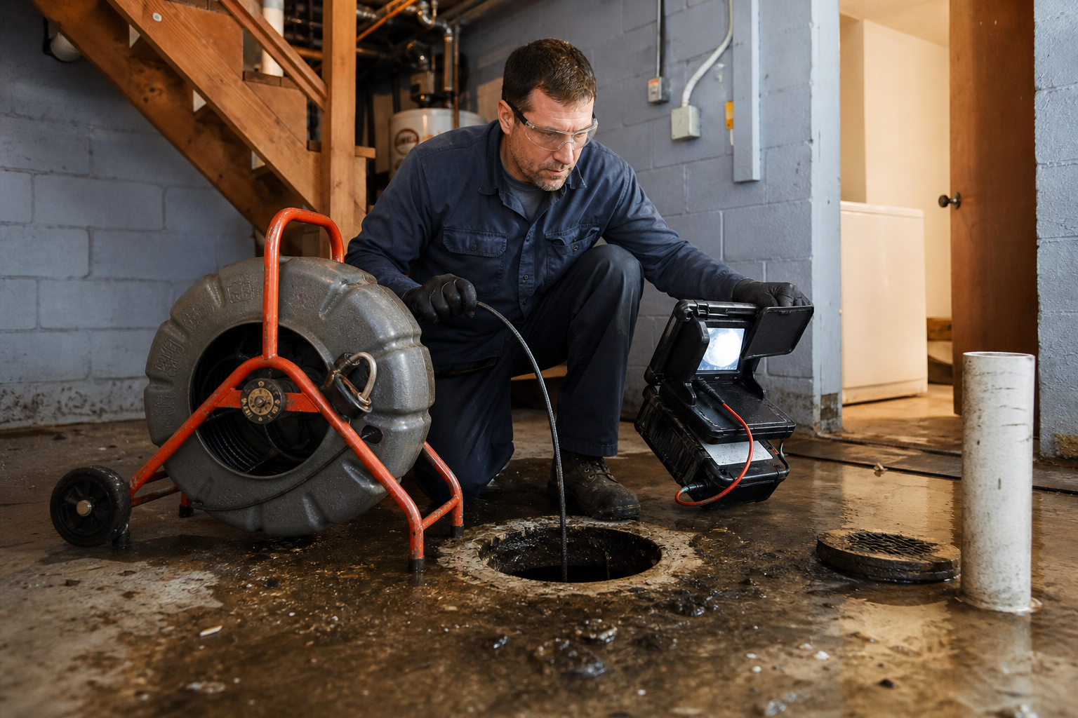 Expert plumber using a drain snake camera to clear a clogged sewer drain in a residential basement