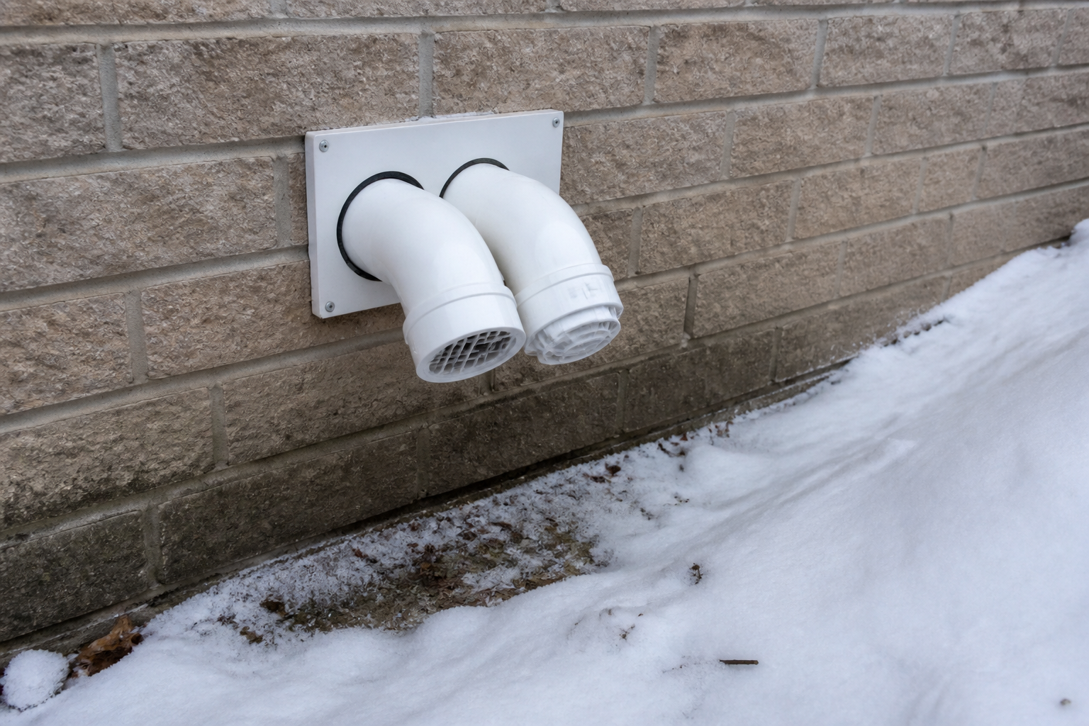 High-efficiency furnace intake and exhaust pipes kept clear of snow on an Ontario home exterior wall