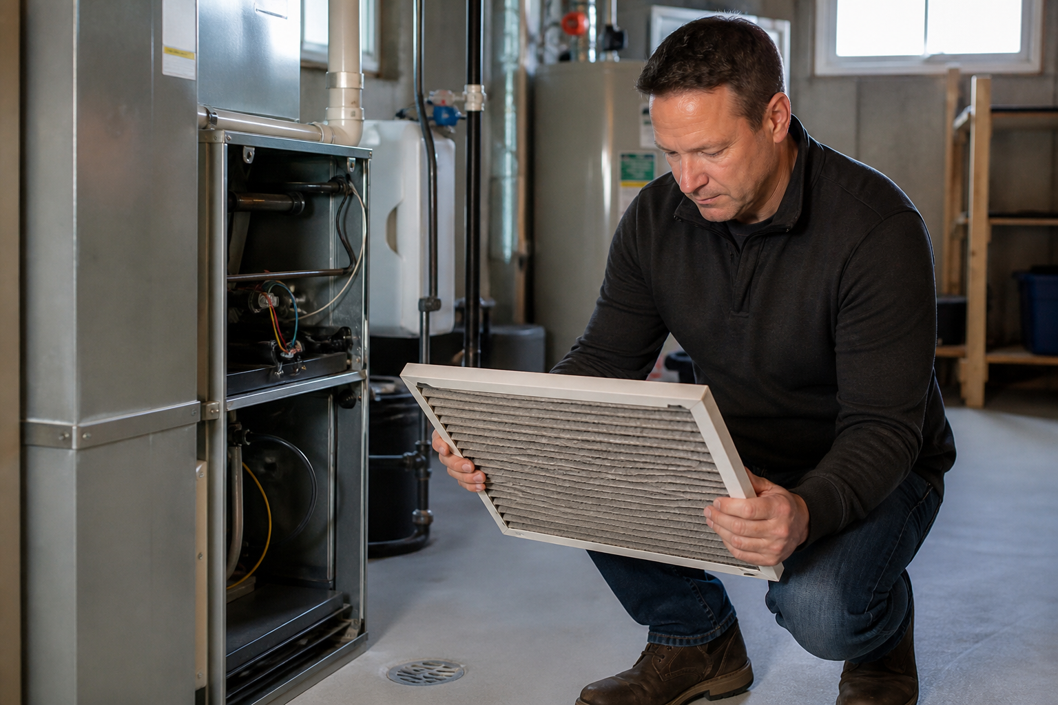 Homeowner checking a dirty furnace air filter before winter heating season in an Ontario basement