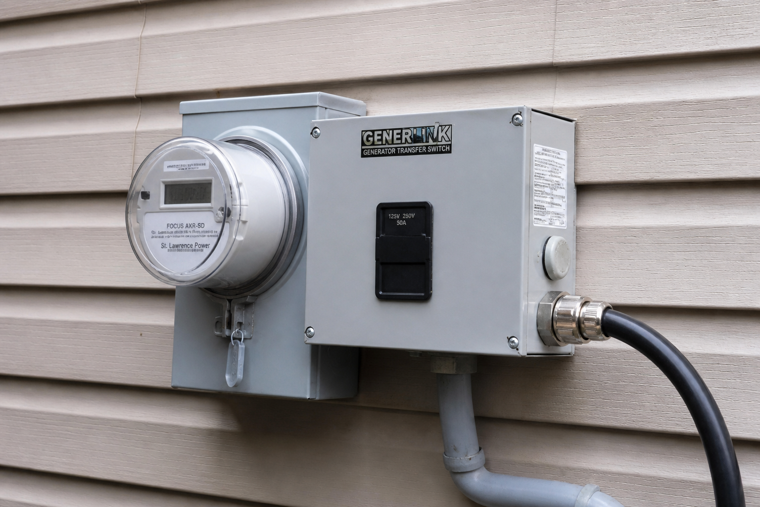 GenerLink meter-mounted transfer device installed beside an Ontario home electrical meter for portable generator hookup