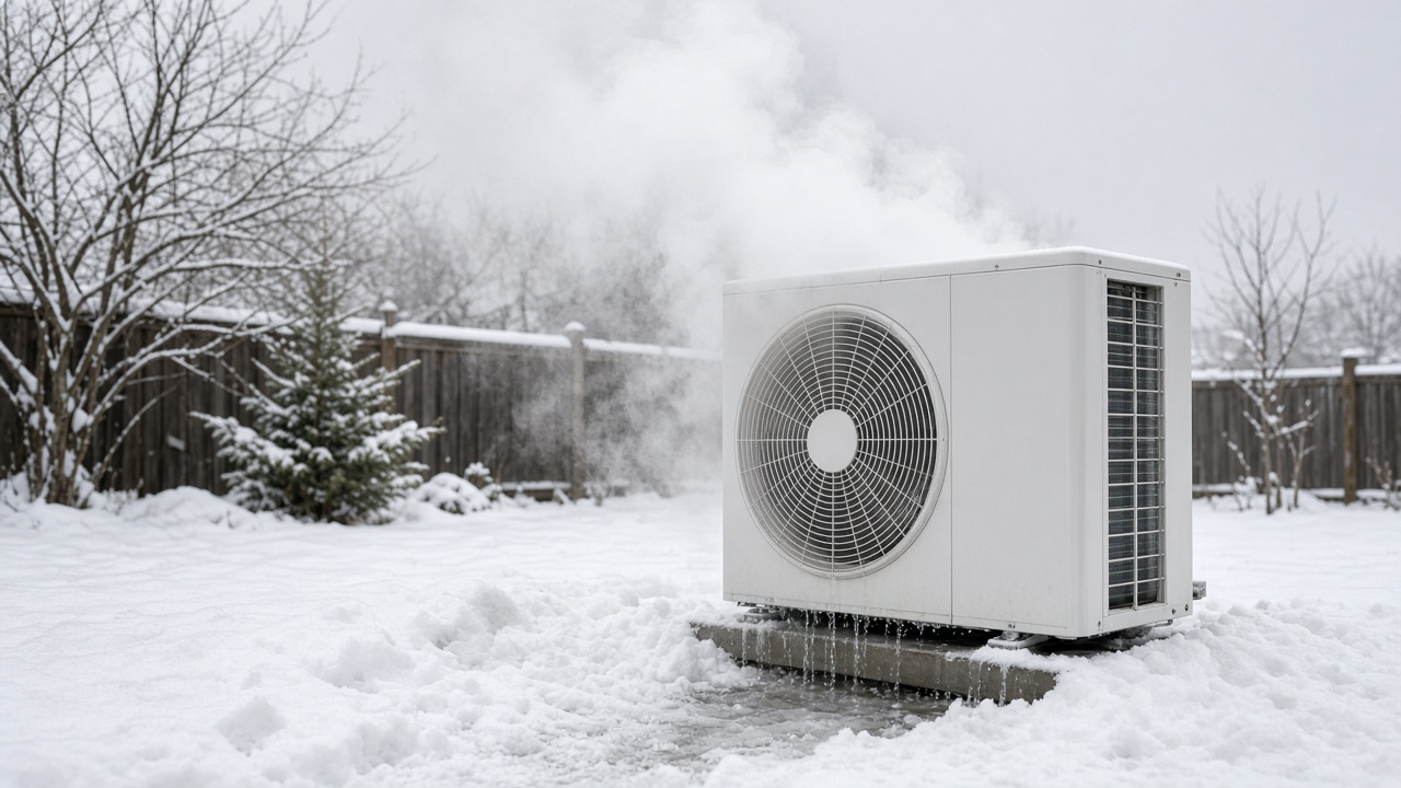 Heat pump defrost cycle steam rising from outdoor unit in winter — normal water vapour not smoke