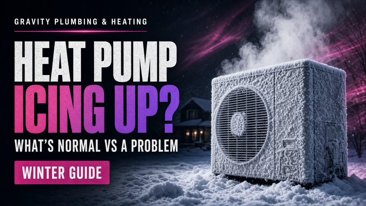Heat pump icing up in winter — outdoor unit covered in frost with steam during defrost, what's normal vs a problem