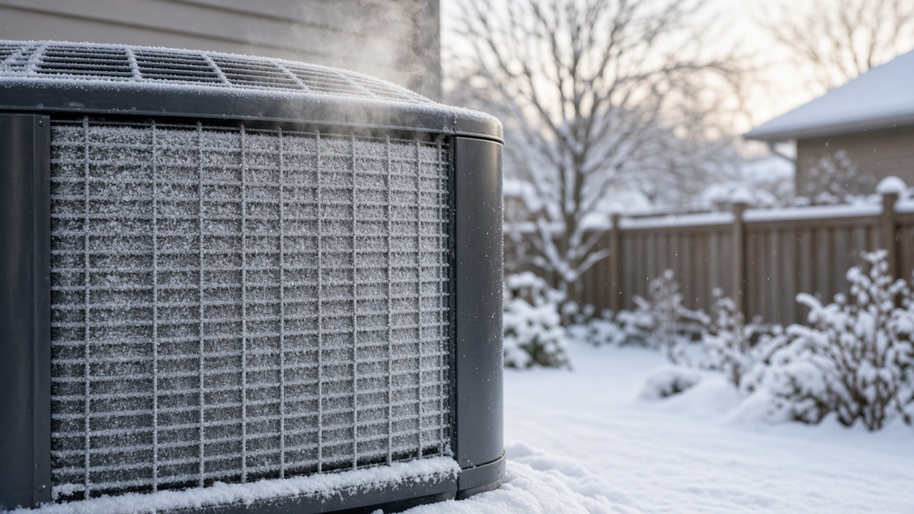 Normal light frost on a heat pump outdoor coil in winter — temporary frost before the defrost cycle