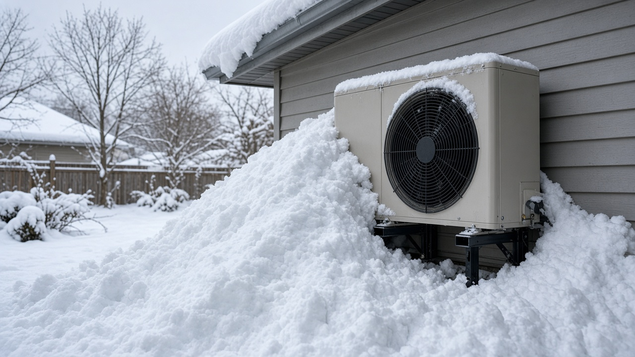 Snow blocking outdoor heat pump airflow after an Ontario snowstorm — drifted snow against the unit