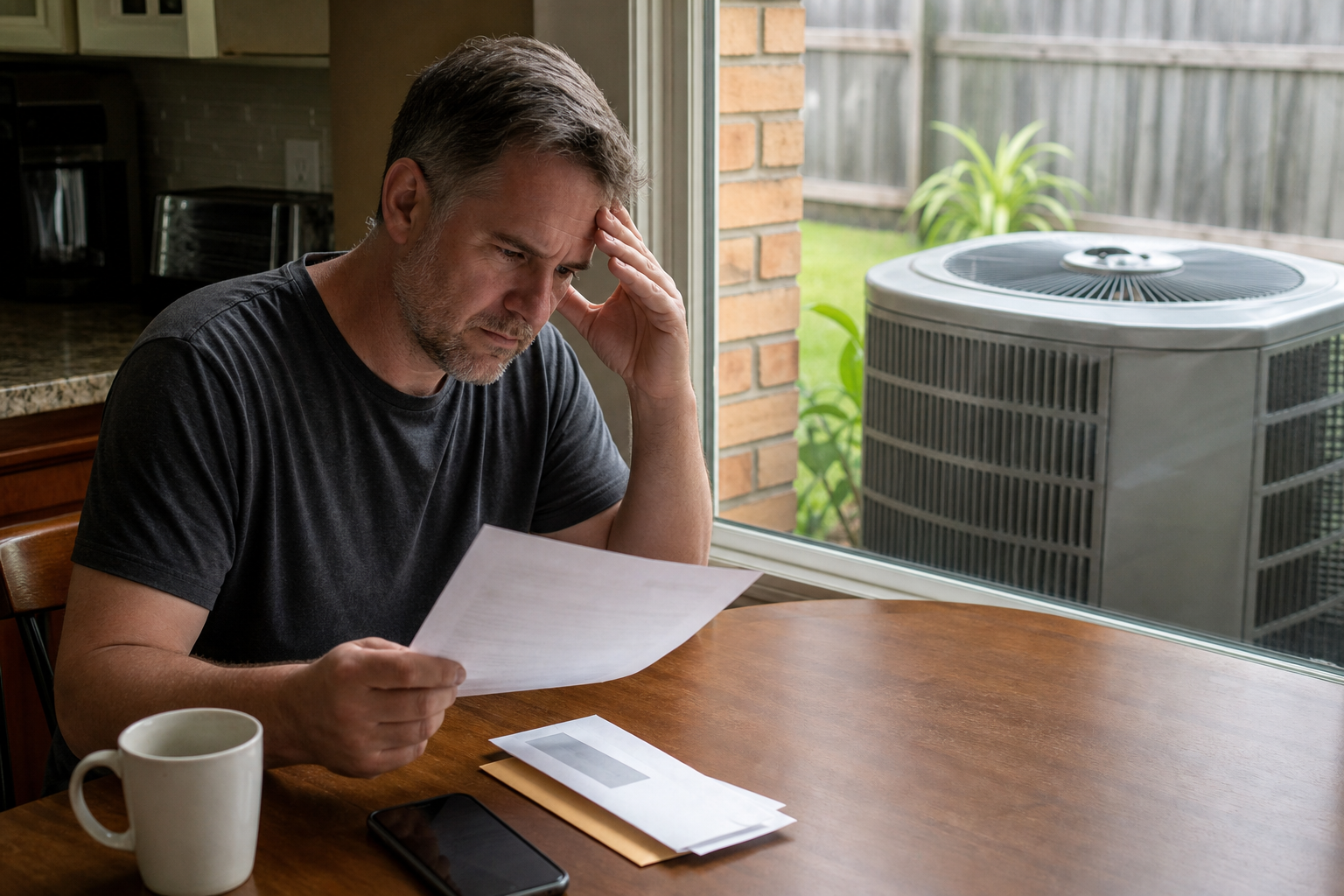 Homeowner reviewing a high summer hydro bill while an inefficient air conditioner runs outside the house