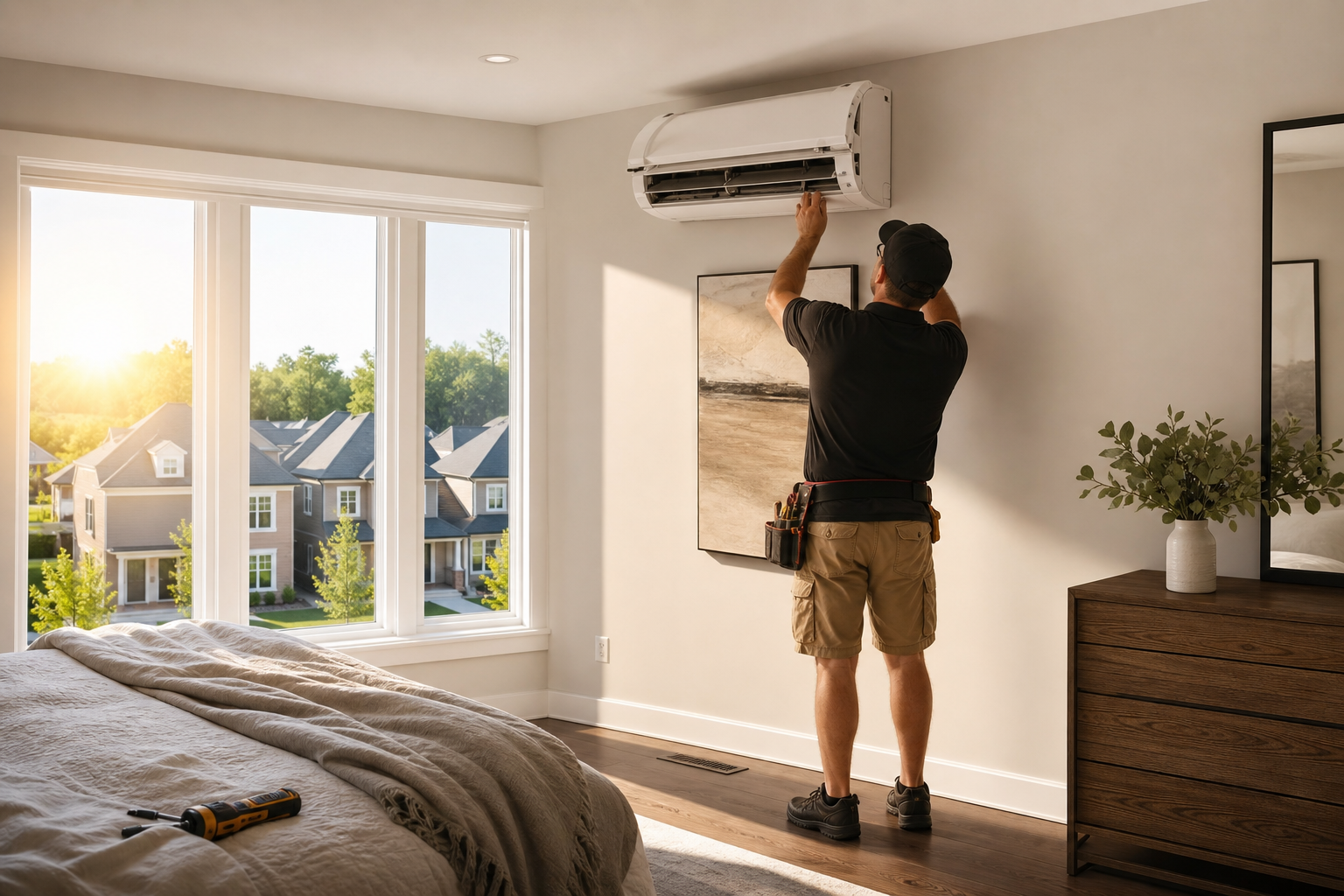 Sunlit hot upstairs bedroom in summer with a ductless cooling head and HVAC technician improving airflow