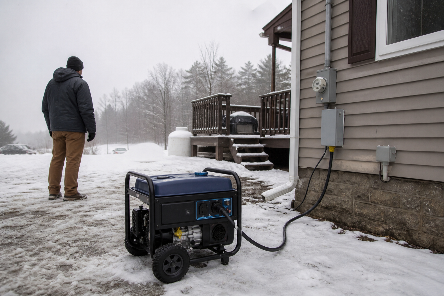 Portable generator providing outdoor backup power during an Ontario home outage with proper transfer cable hookup