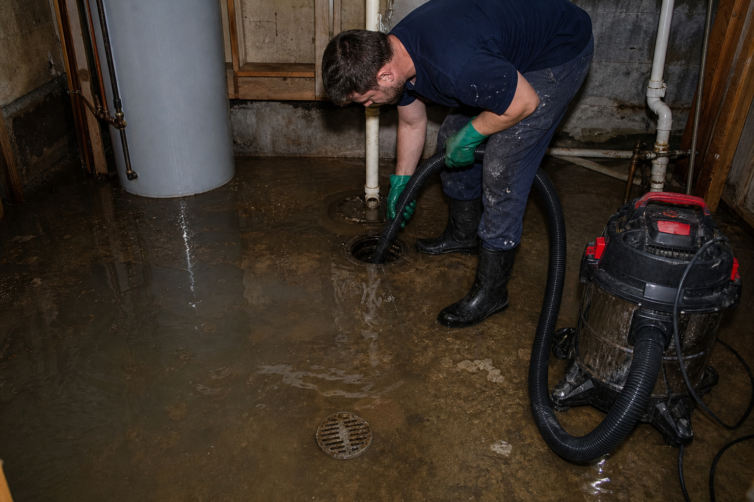 Emergency plumber responding to sewer backup and basement flooding with a wet vacuum and protective gear