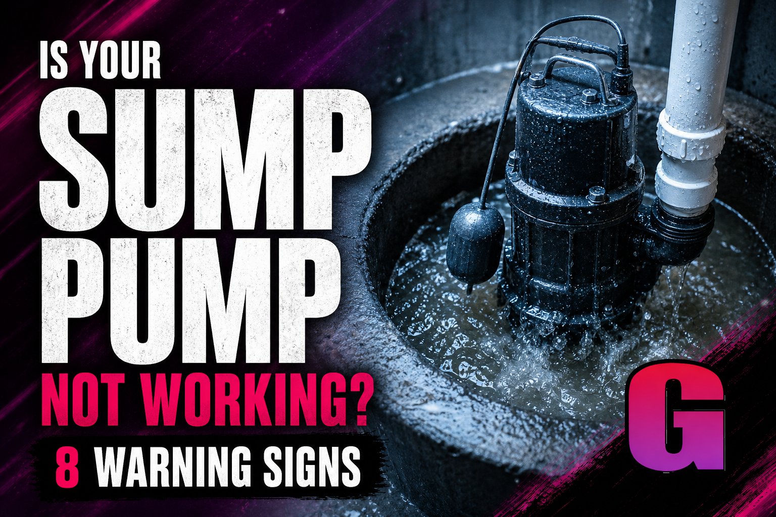 Sump pump in a basement pit with rising water — warning signs your sump pump is not working