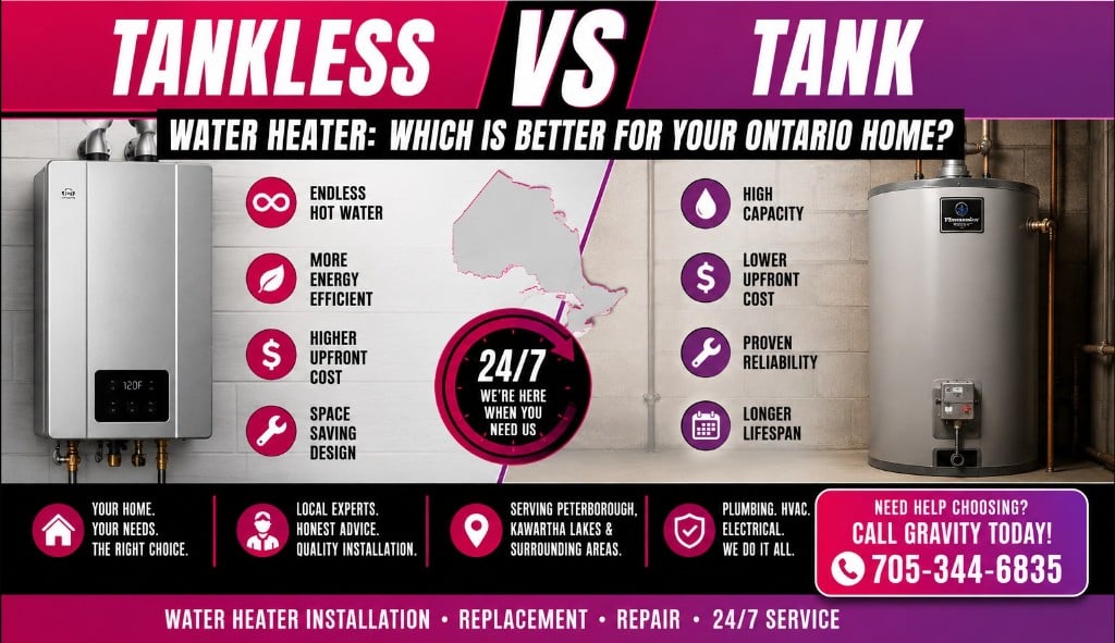 Tankless vs tank water heater comparison for Ontario homes — on-demand and storage water heaters side by side