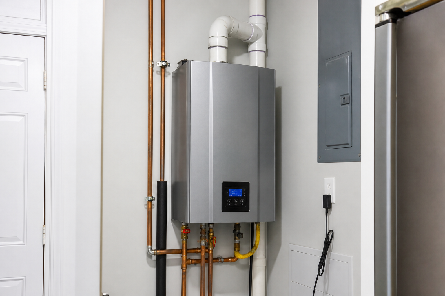 Wall-mounted tankless on-demand water heater installed in an Ontario home utility room