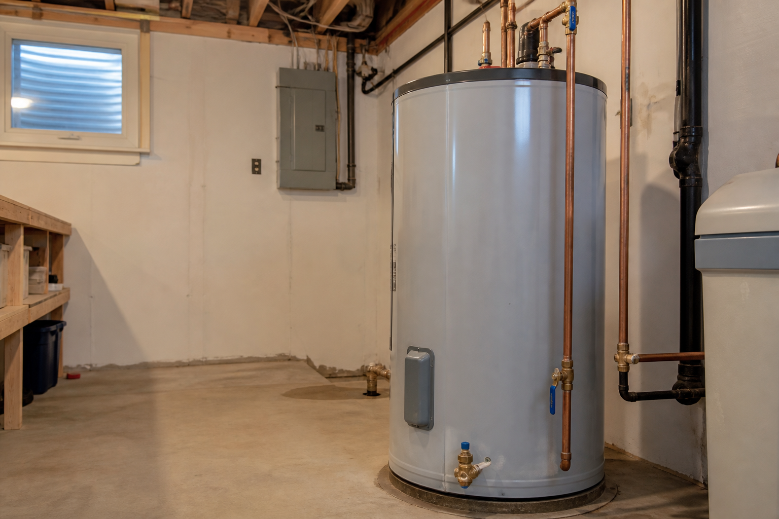 Traditional hot water storage tank installed in an Ontario basement mechanical room for residential water heating