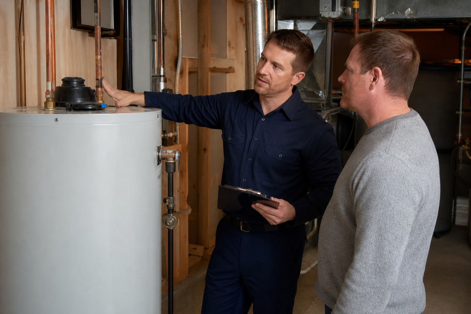 Licensed plumber installing or inspecting a residential water heater in an Ontario home basement