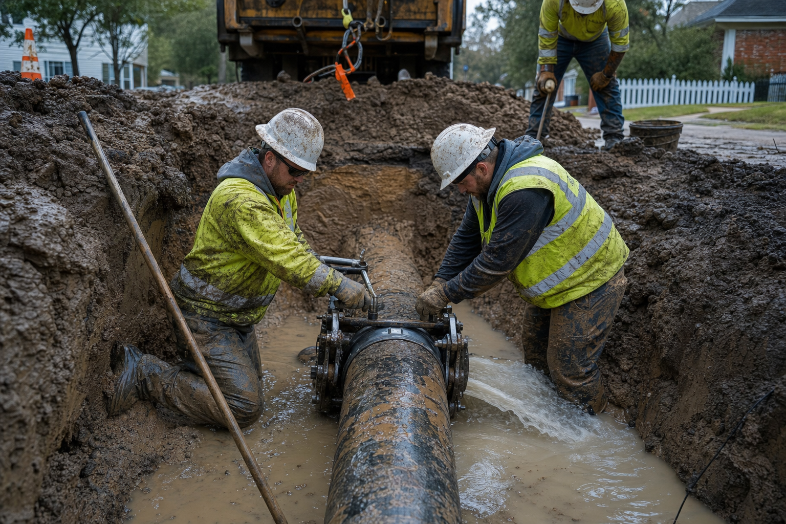 Emergency plumbing crew excavating and repairing a residential water main break on a street in Ontario