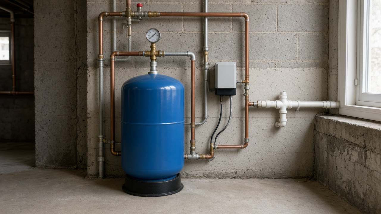 Blue well pressure tank with pressure gauge and pressure switch in an Ontario basement utility room