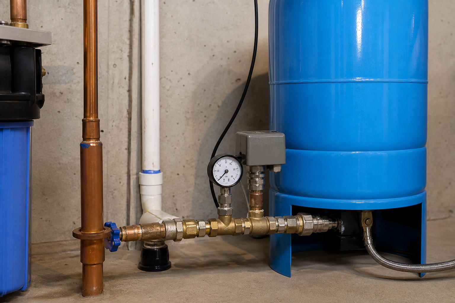 Rural Ontario well pressure tank, pressure gauge and pump controls used to maintain household water pressure