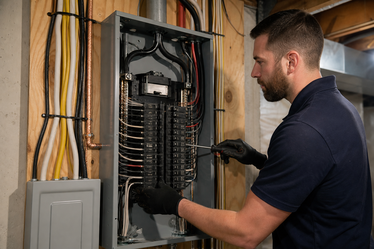 Licensed residential electrician installing a 200-amp electrical service panel upgrade in an Ontario home basement