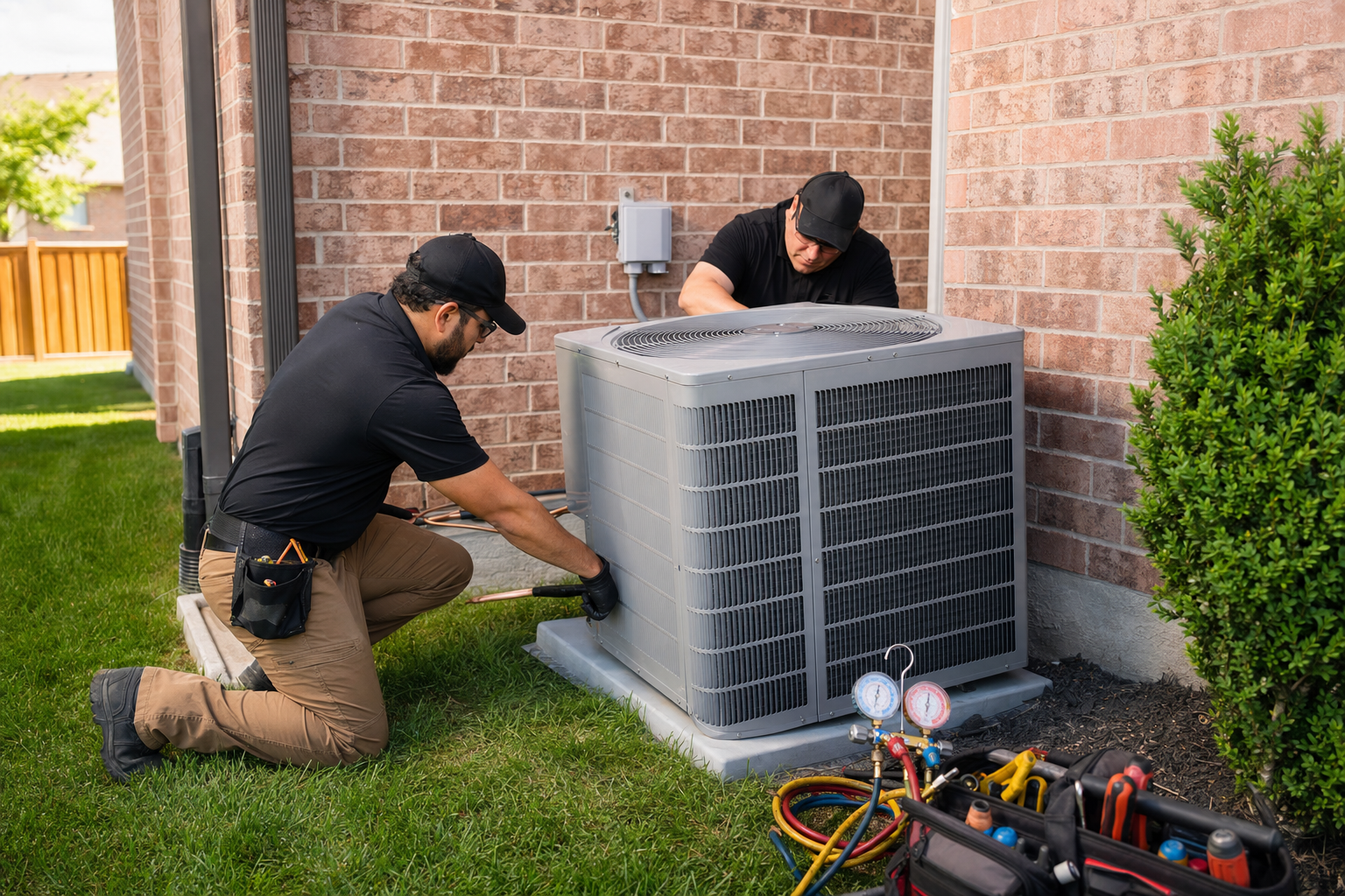 HVAC crew installing a new central air conditioner condenser unit outside an Ontario home