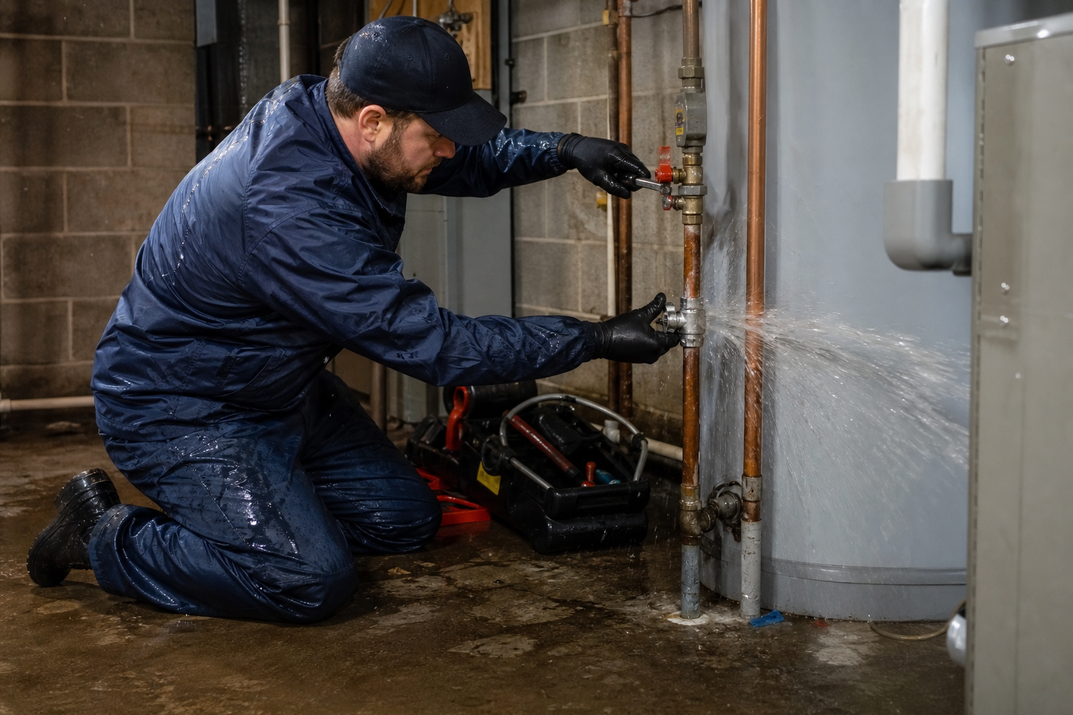 Emergency plumber repairing a burst hot water heater pipe with water spray in a residential basement