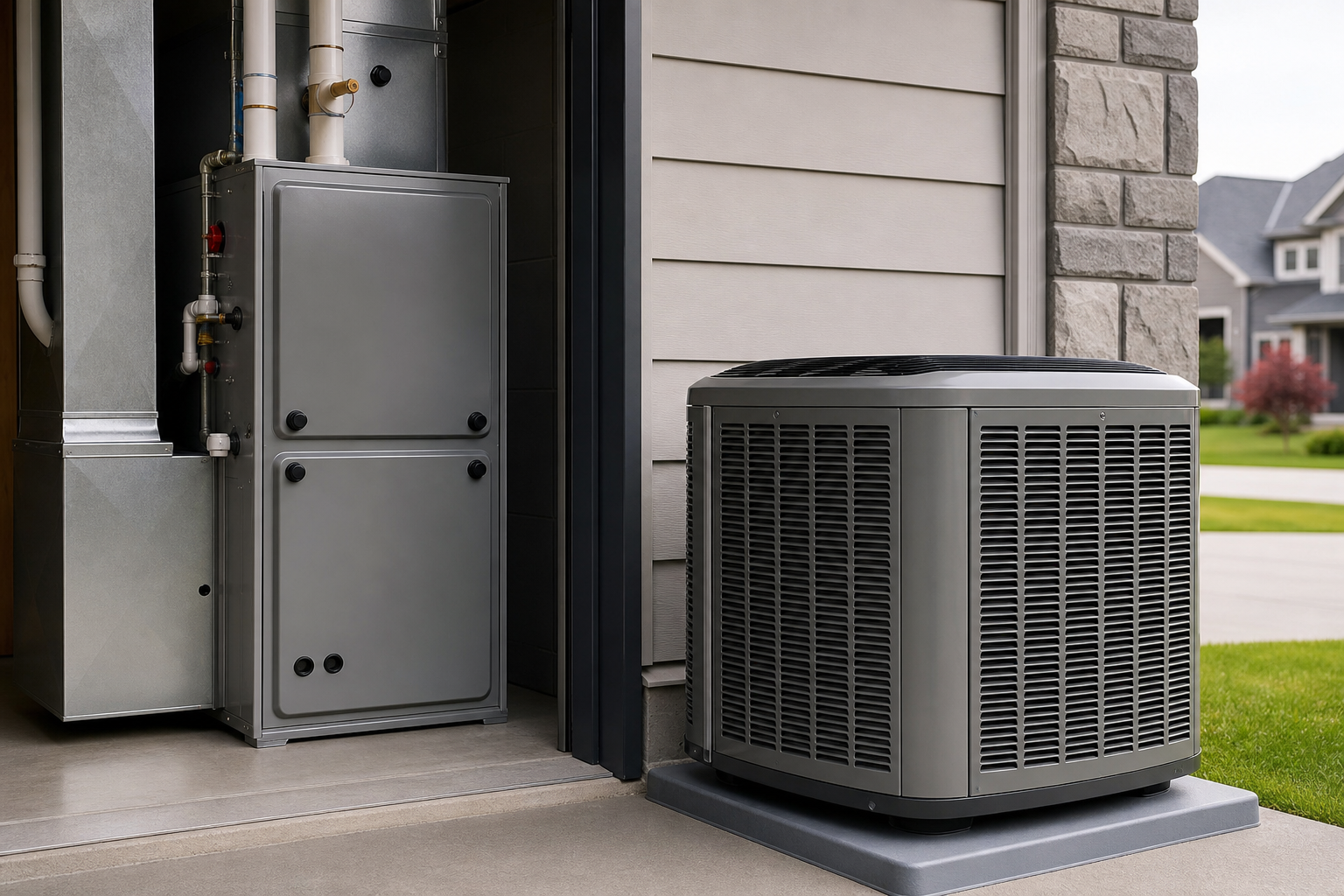 New high-efficiency furnace and matching outdoor air conditioner ready for whole-home HVAC replacement