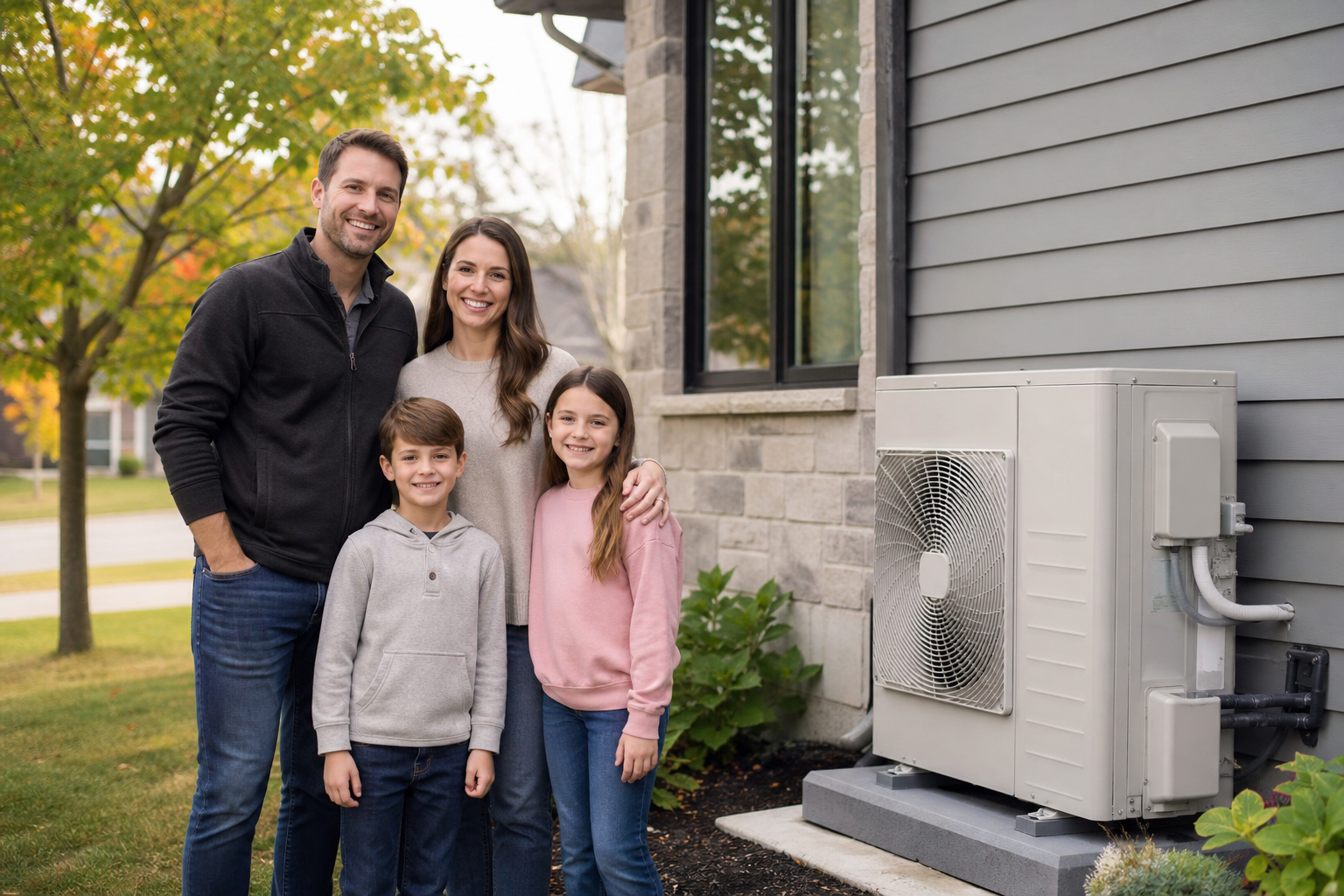 Homeowners standing proudly beside a newly installed energy-efficient heat pump funded for a greener home upgrade