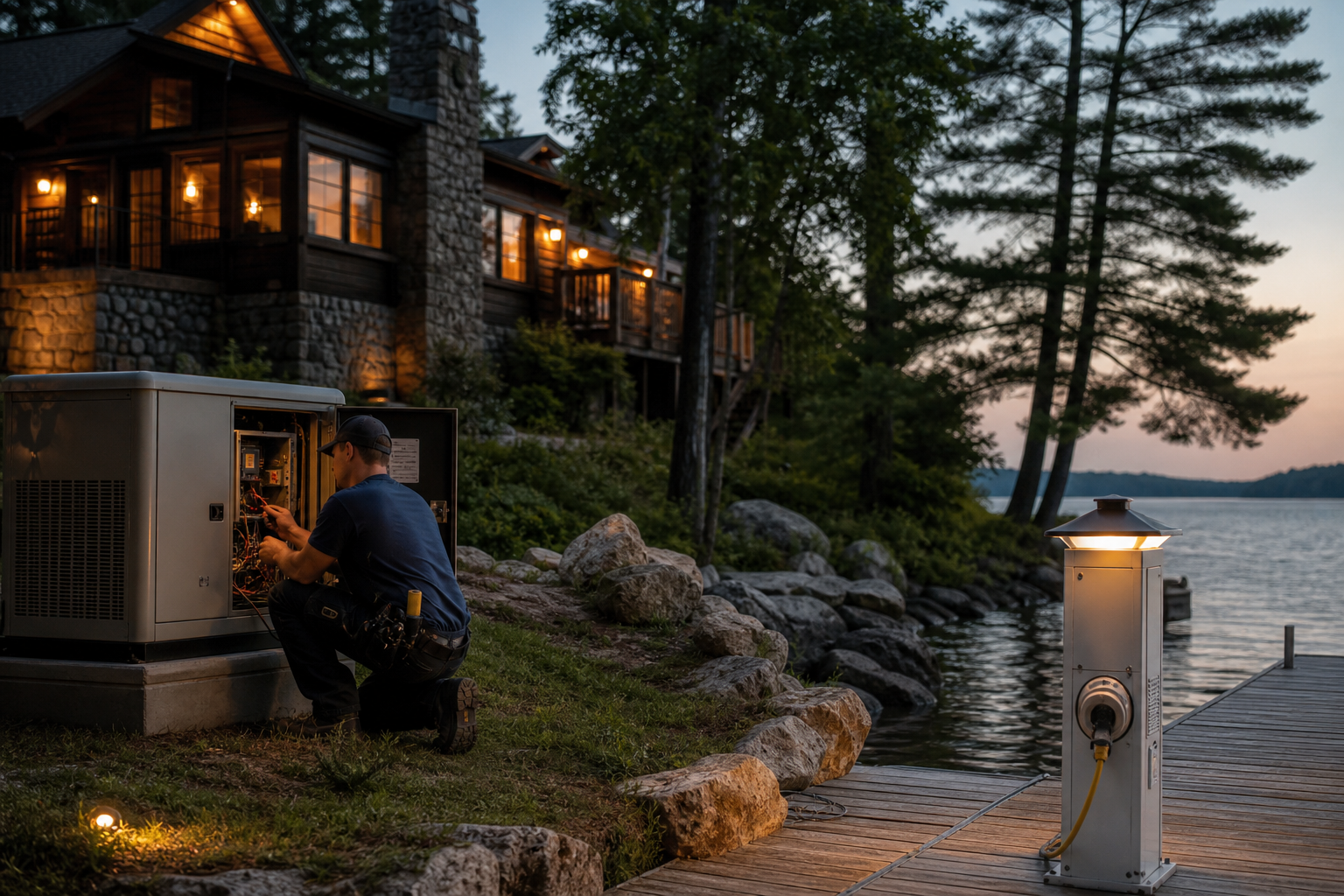 Electrician upgrading electrical service at a Kawartha Lakes cottage with dock power and backup generator