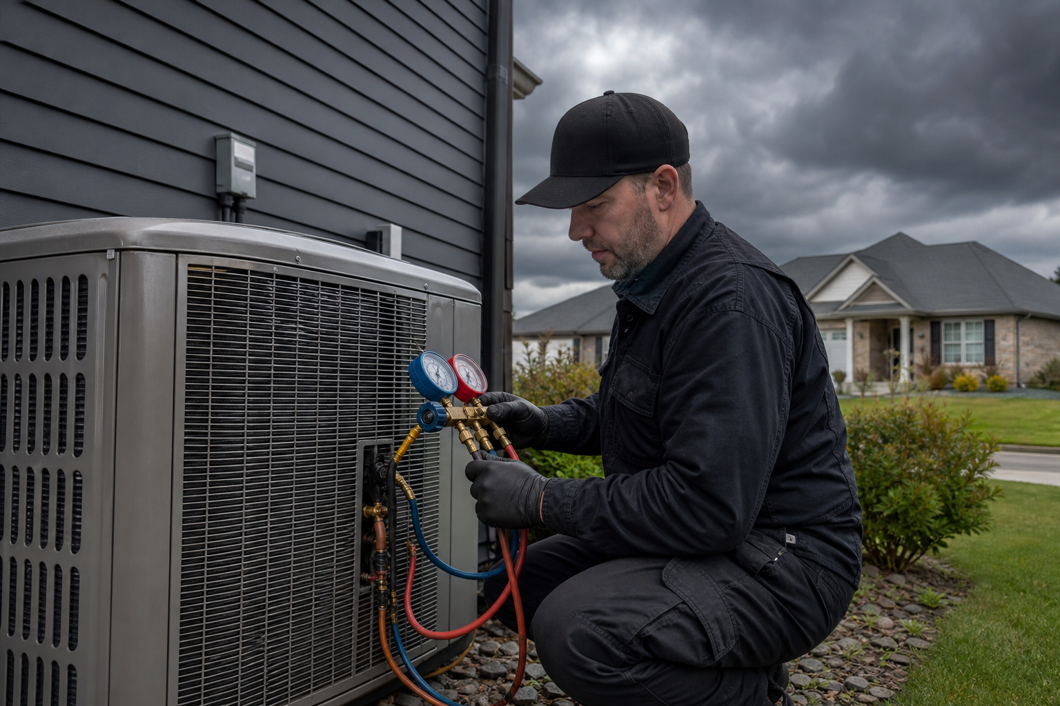 HVAC technician performing seasonal maintenance on an outdoor heat pump before extreme weather season