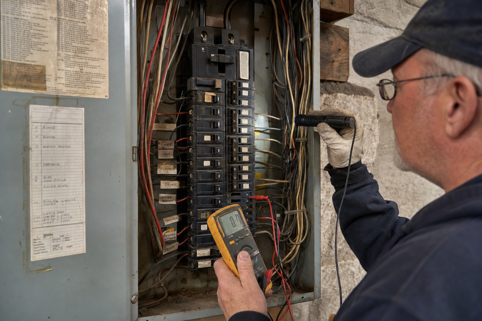 Close-up of an outdated residential electrical panel with worn breakers being inspected by a licensed electrician