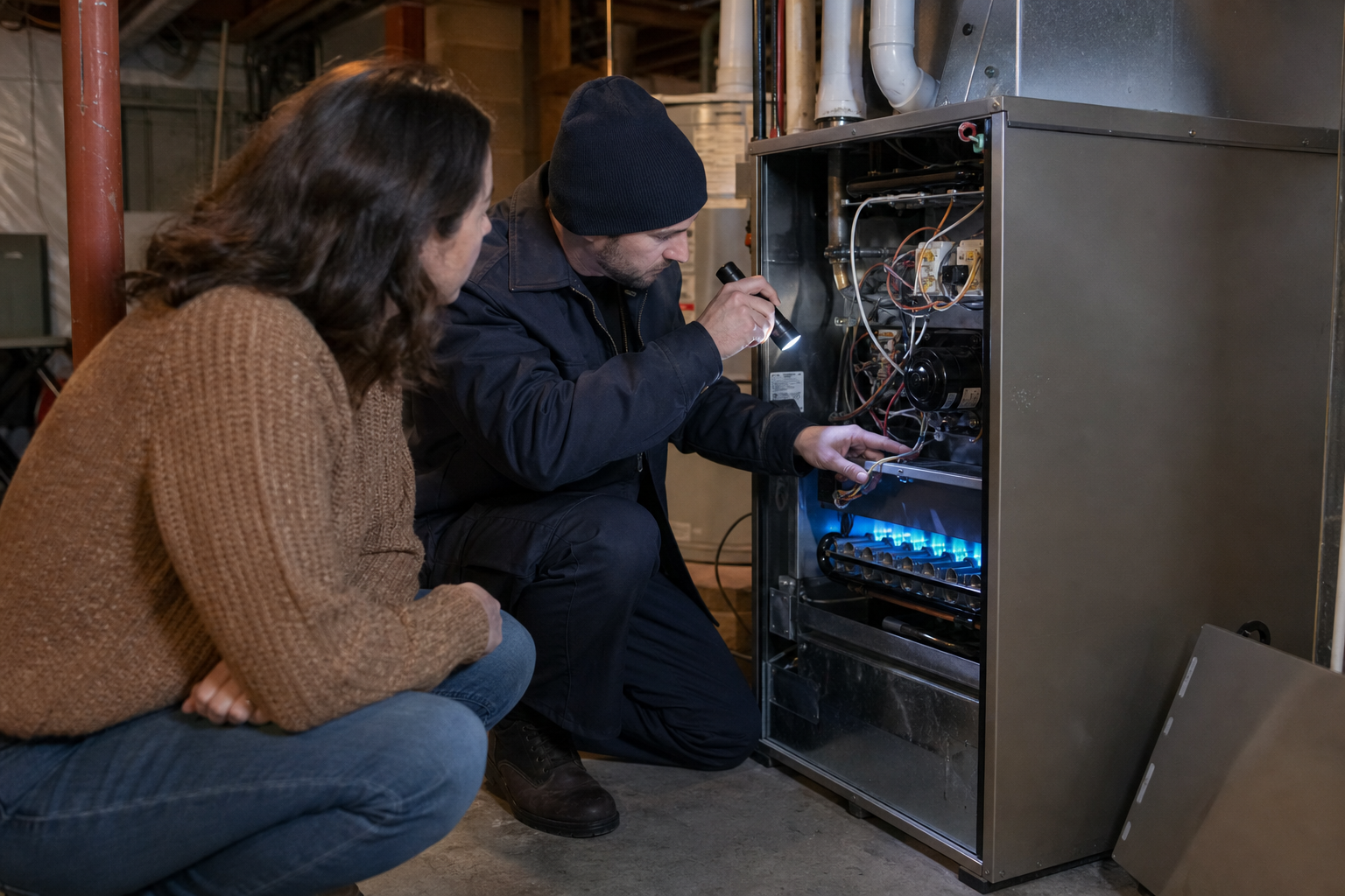 HVAC technician diagnosing a furnace with no heat using gauges and a flashlight in a cold mechanical room