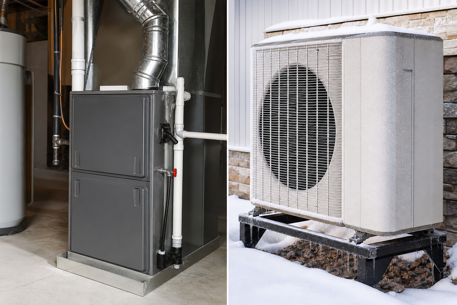 Modern high-efficiency gas furnace indoors beside an outdoor cold-climate heat pump for home heating comparison