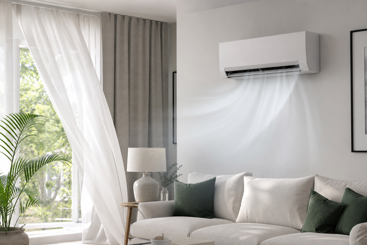 Energy-efficient ductless heat pump air conditioner wall unit cooling a bright modern living room