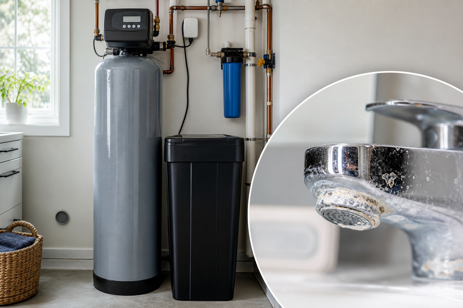 Whole-home water softener system installed in a utility room next to hard water mineral buildup on a faucet