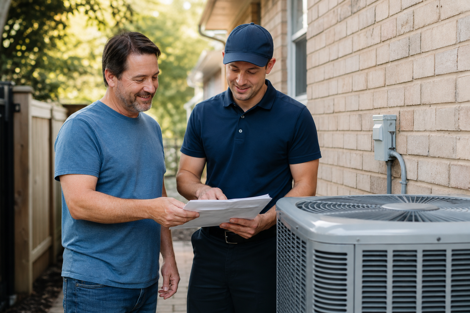 Homeowner reviewing an air conditioner purchase quote with an HVAC technician beside a new outdoor AC unit in Ontario