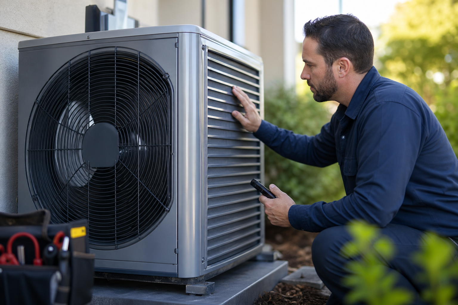 Close-up of an energy-efficient air conditioner condenser with efficiency rating sticker area and technician checking performance