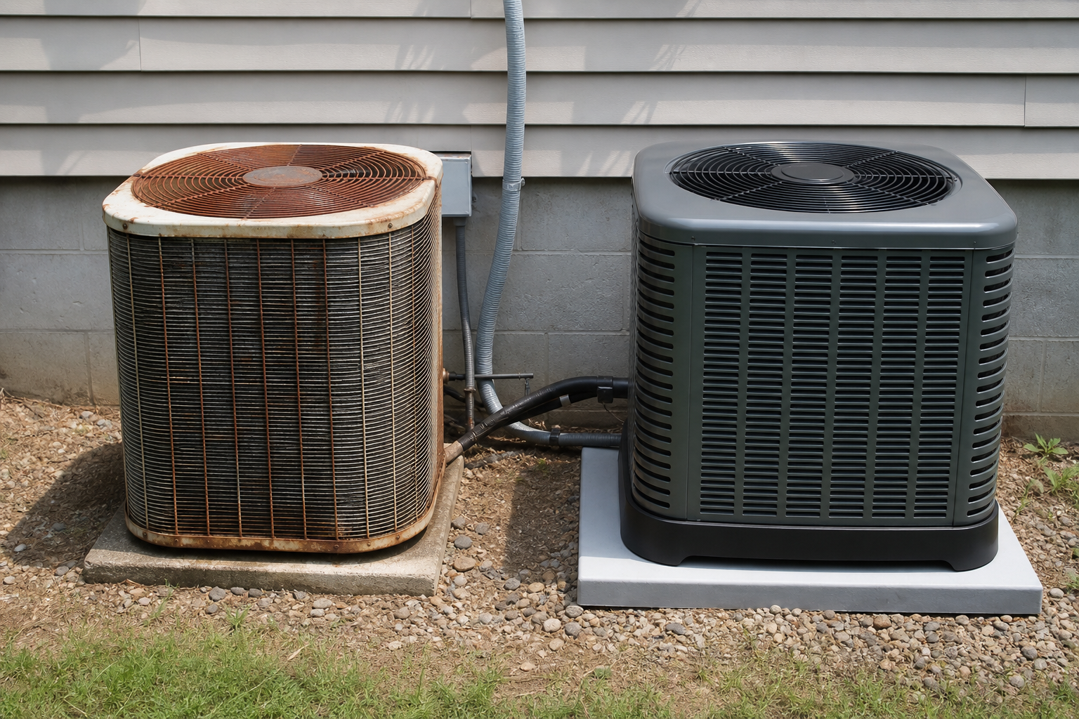 Aging outdoor HVAC condenser next to a new replacement unit illustrating when to replace a home HVAC system