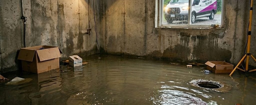 Emergency Sewer Backup Repair - water with flooded basement and repair van in the background - 02