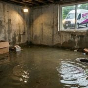 Emergency Sewer Backup Repair - water with flooded basement and repair van in the background - 02