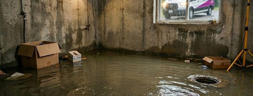 Emergency Sewer Backup Repair - water with flooded basement and repair van in the background - 02
