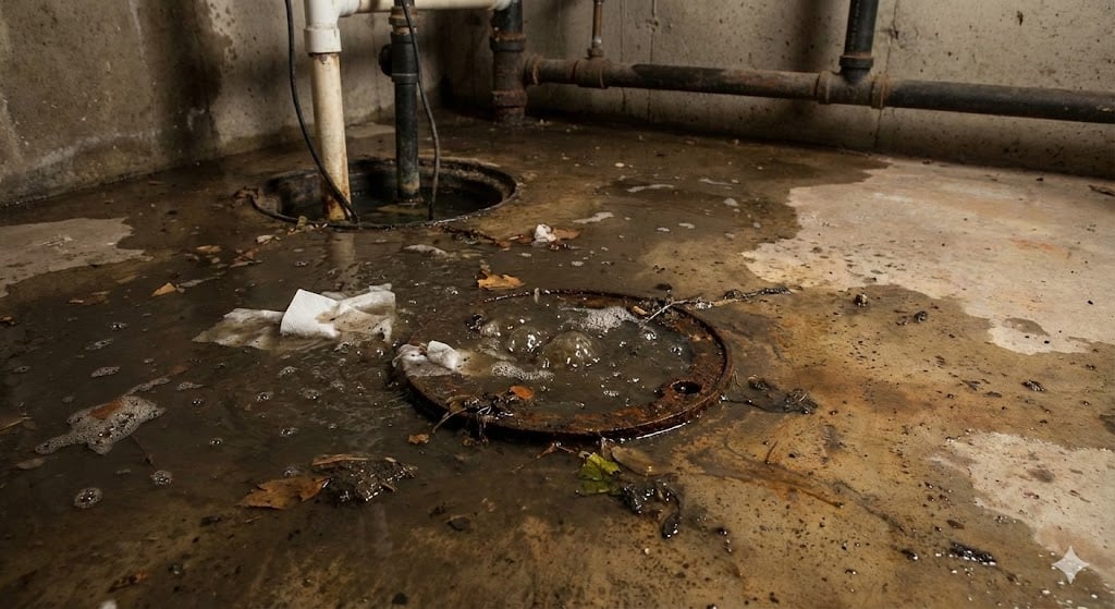 Emergency Sewer Backup Repair - water with flooded basement and repair van in the background - 03.jpg