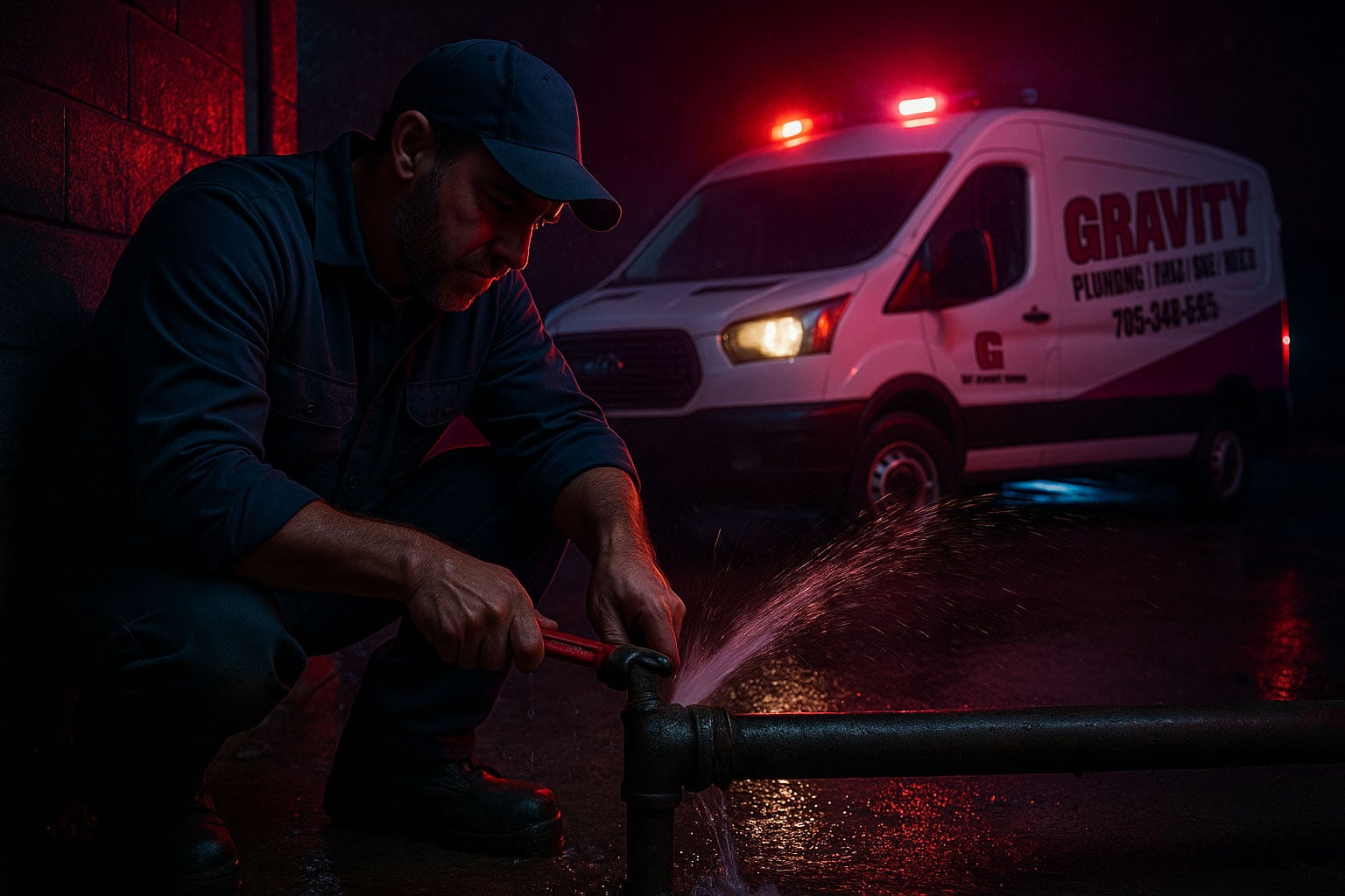 Excavation crew locating and repairing a damaged underground water main in Lindsay during a 24-7 emergency response - 001