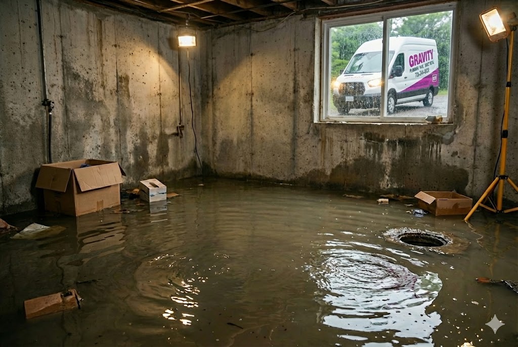 Emergency Sewer Backup Repair - water with flooded basement and repair van in the background - 02